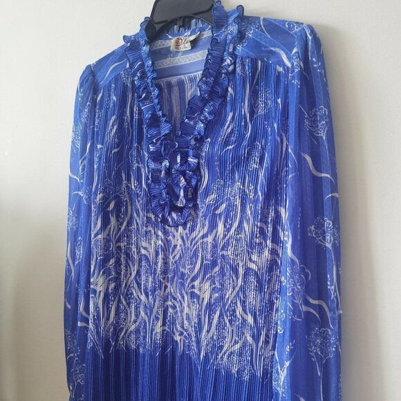 Blue & White Pleated Vintage long Sleeve Midi 70s Polyester - Picture 1 of 6